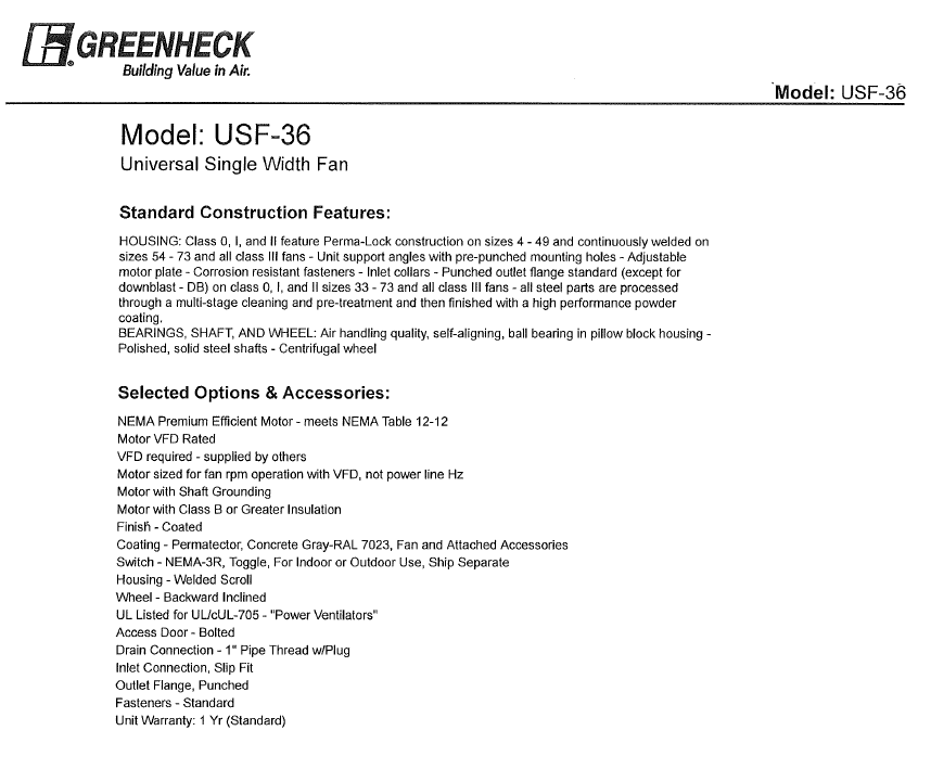 GREENHECK USF-36 Other | Machine Tool Emporium